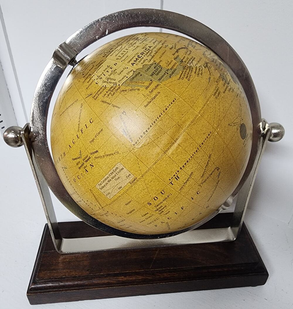 Vintage 360° Rotating World Globe on Walnut Base w/ Nickel Axis Rings